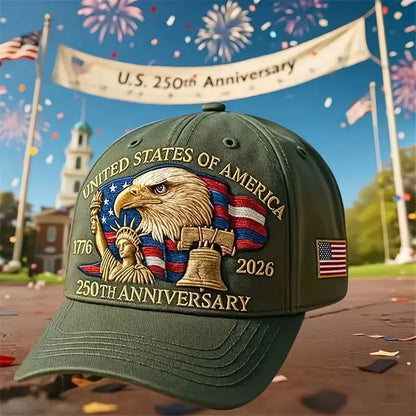 USA 250th Anniversary Hat, Adjustable 250th Anniversary Printed Patriotic Baseball Caps, Tribute Retro Washed Hat