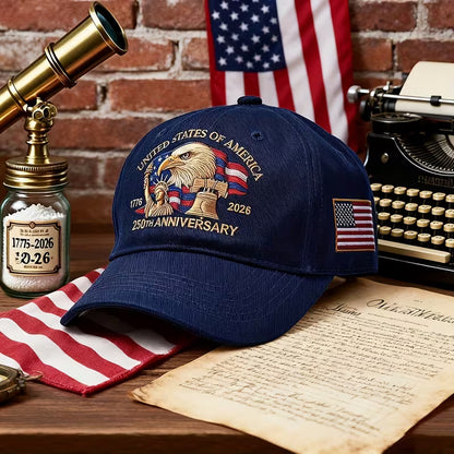 USA 250th Anniversary Hat, Adjustable 250th Anniversary Printed Patriotic Baseball Caps, Tribute Retro Washed Hat