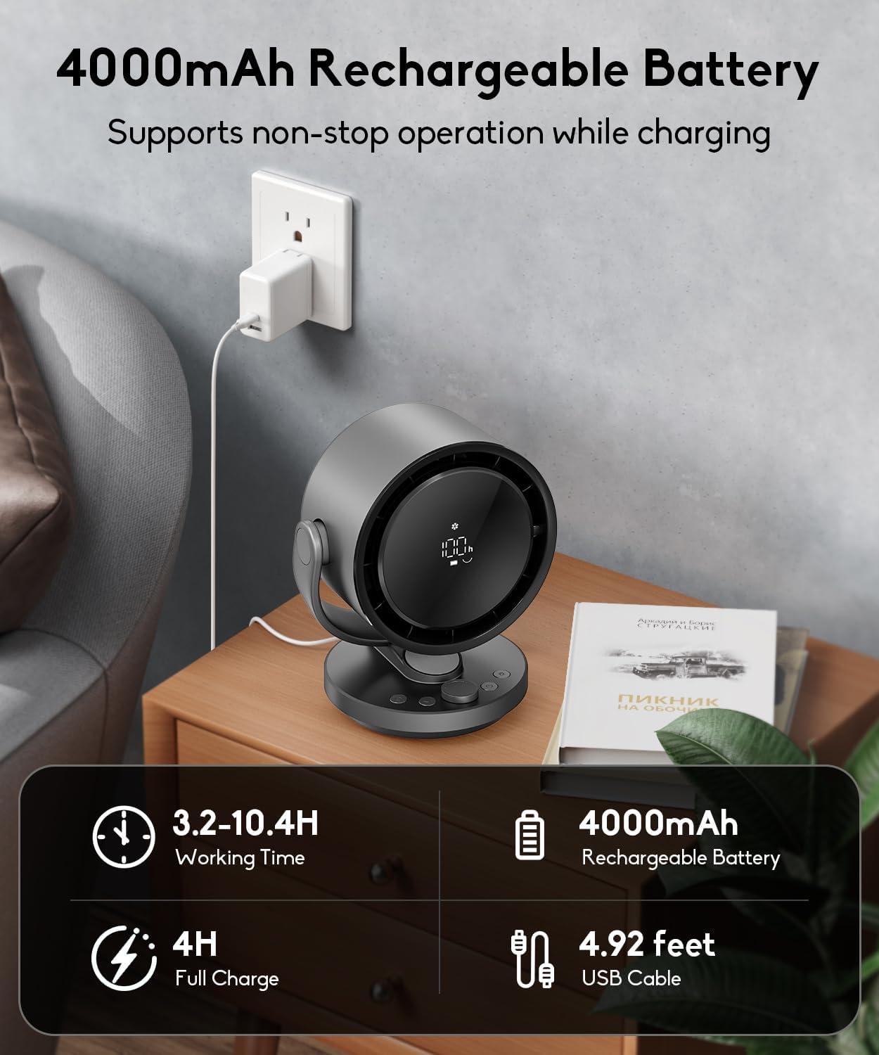Kid-Safe Oscillating Desk Fan | Stepless Speed Control, LED Display, Cordless for All Scenarios