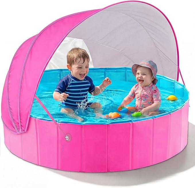 Kiddie Baby Pool with Canopy - Foldable Infant Toddler Kids Pool with Shade Baby Beach Essentials Tent Swimming Wading Pools for Toddlers 3+ Kids Dogs Ball Pit Backyard Water Play G,
