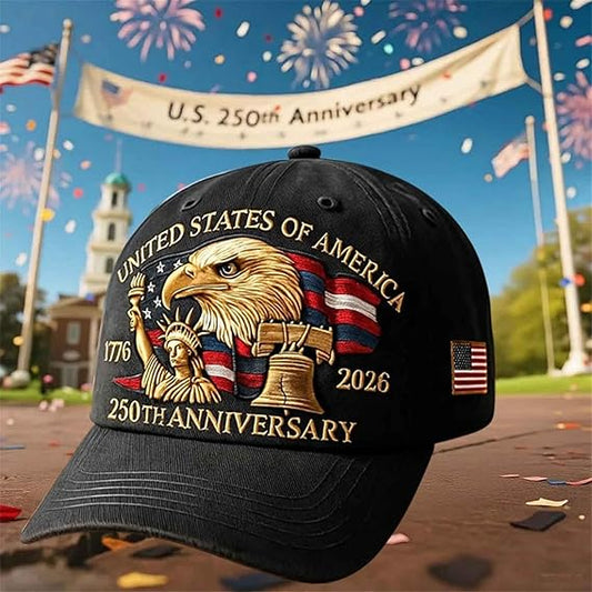 USA 250th Anniversary Hat, Adjustable 250th Anniversary Printed Patriotic Baseball Caps, Tribute Retro Washed Hat