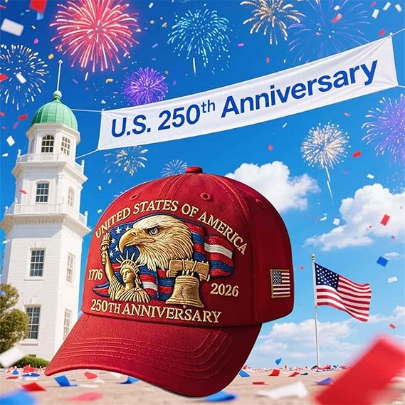 USA 250th Anniversary Hat, Adjustable 250th Anniversary Printed Patriotic Baseball Caps, Tribute Retro Washed Hat