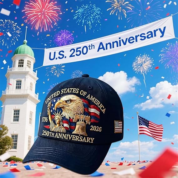 USA 250th Anniversary Hat, Adjustable 250th Anniversary Printed Patriotic Baseball Caps, Tribute Retro Washed Hat