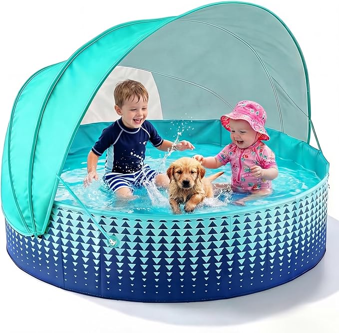 Kiddie Baby Pool with Canopy - Foldable Infant Toddler Kids Pool with Shade Baby Beach Essentials Tent Swimming Wading Pools for Toddlers 3+ Kids Dogs Ball Pit Backyard Water Play G,